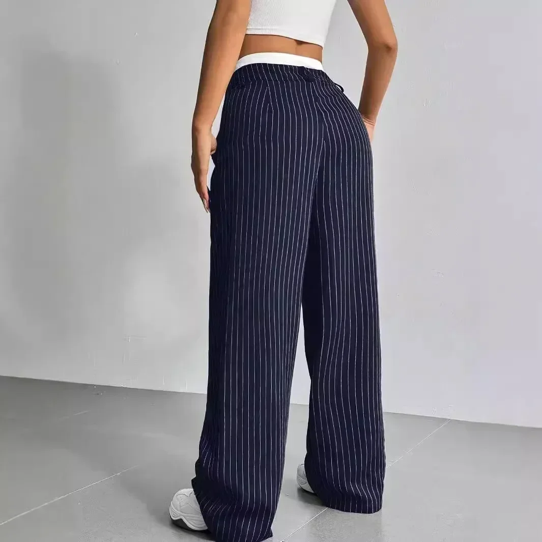 Women Stripes Printed Full Length Pants Trousers High Waist Fashion Casual Y2K Pants Loose Wide Leg