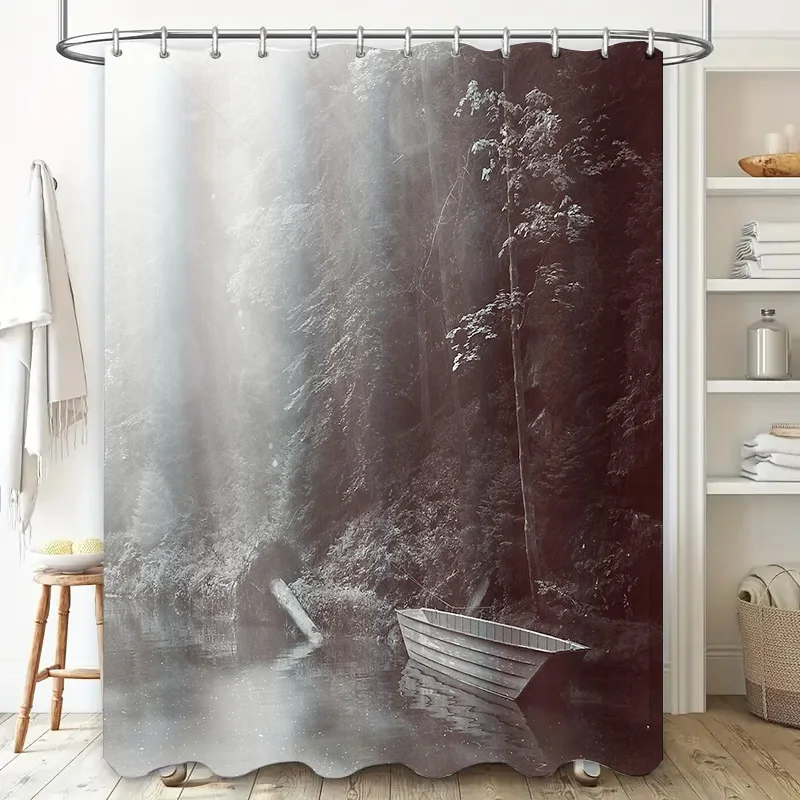 Vintage Boat Landscape Shower Curtain Rustic River Nature Bathroom Decor Black and White Artistic Scenic Backdrop Waterproof Hom