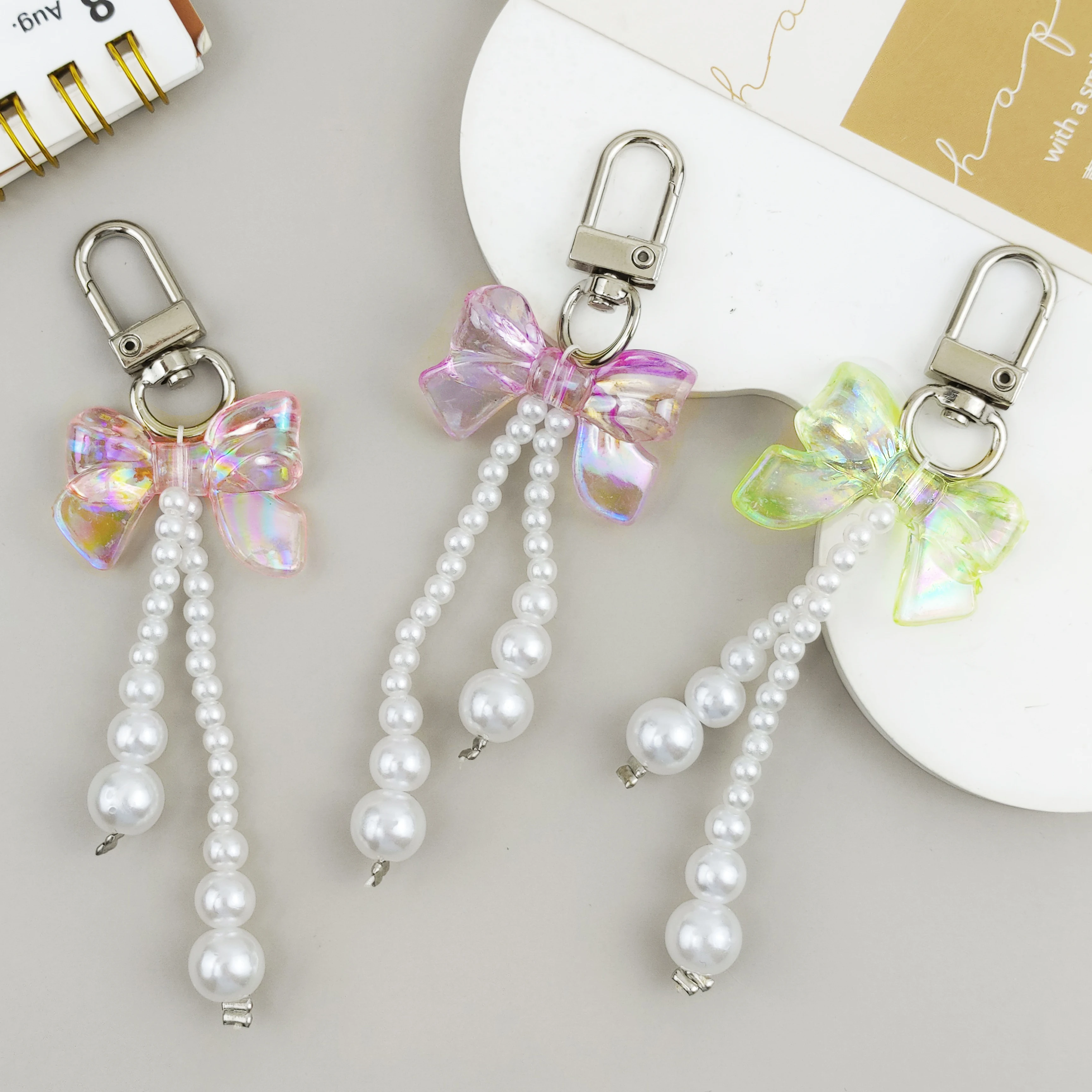 Cute Imitation Pearl Bowknot Beaded Pendant Keychains Fashion Mobile Phone Charm Bag Accessories Keyrings Lanyards Hanging Decor