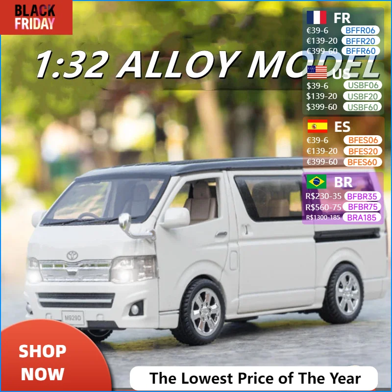 1:32 TOYOTA HIACE MPV aluminiowy Model samochodu przejazdy pojazdów metalowa zabawka symulacja modelu samochodu kolekcja dźwięk i światło dla dzieci