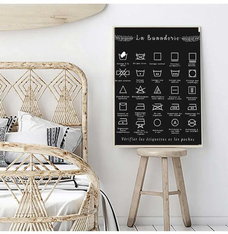 Art Picture Canvas Painting Laundry Room Decor French Symbol Sign Prints Black and White Affiche Buanderie Wall