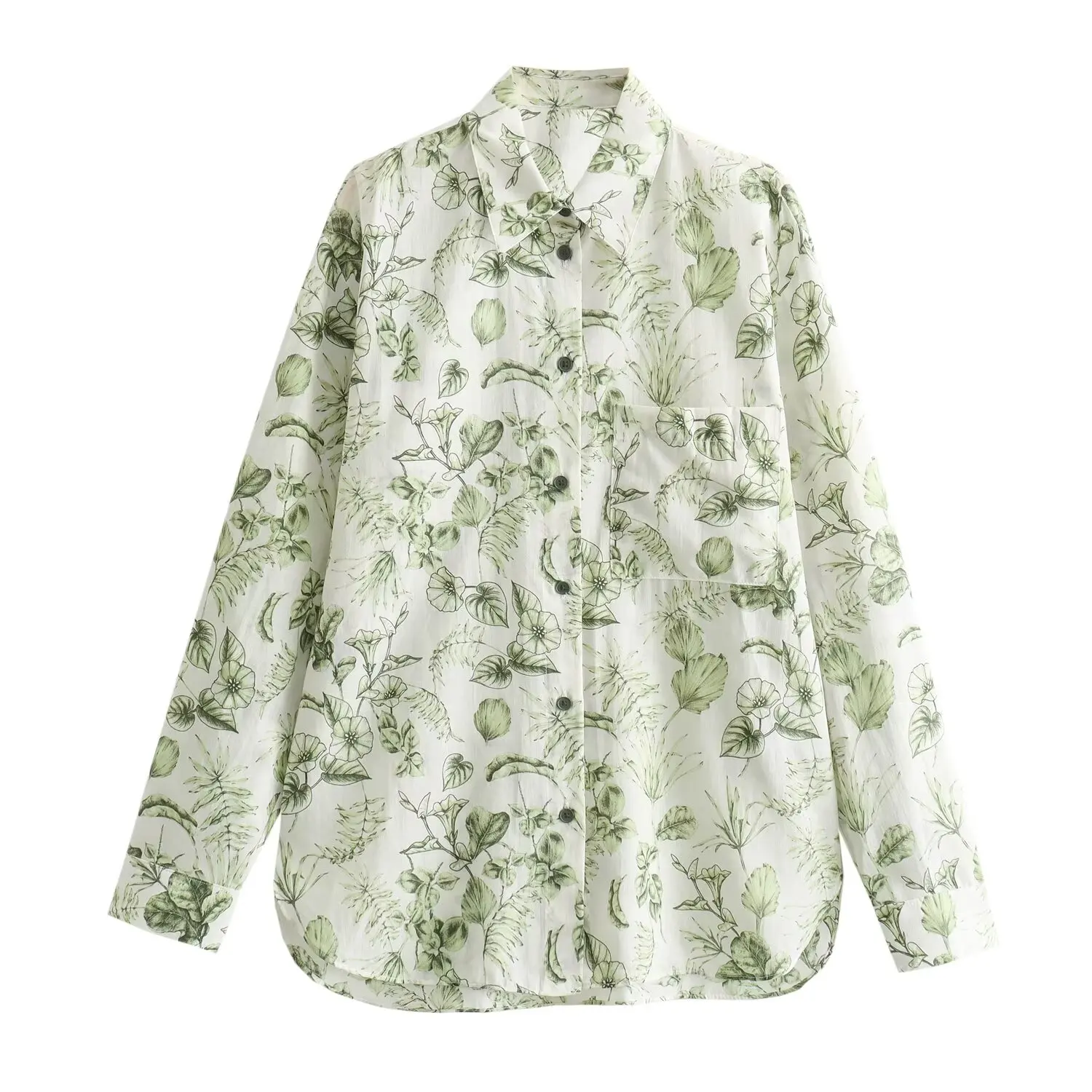 

TRAFZA Elegant Woman Long Sleeve Vintage Blouses Women Causal Light Green Print Lapel Single-Breasted Pocket Decorate Shirt Top