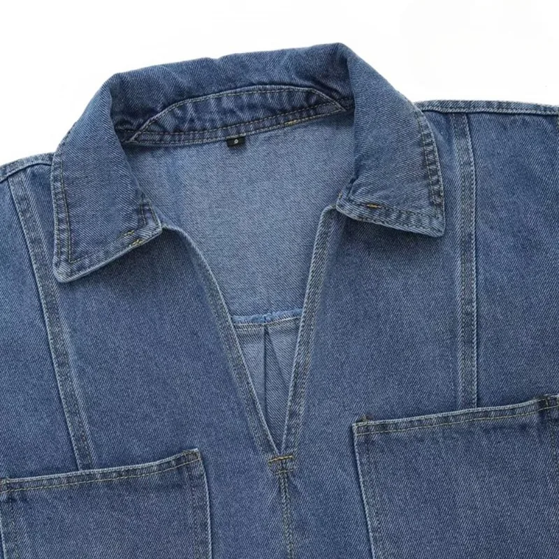 2024 Summer Ladies Fashion Pocket Embellished Baggy Denim Suit Casual Lapel Short Shirt Asymmetrical Skirt