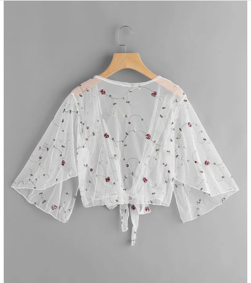 여성 꽃 자수 메쉬 쉬어 커버 업 셔츠 탑 긴 소매 시스루 카디건 블라우스 비치 Boho 목도리 수영복