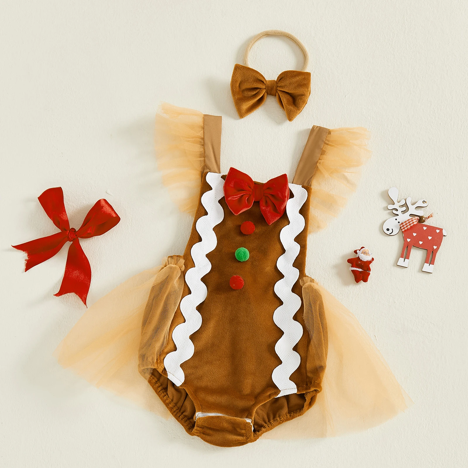 لطيف طفلة عيد الميلاد 2 قطعة ملابس الزنجبيل رجل تحلق كم رومبير فستان القوس عقال مجموعة #4