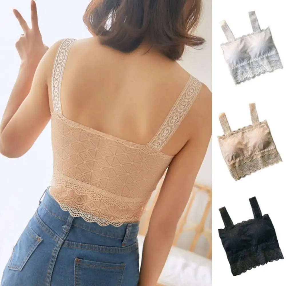 Top de colheita de renda oca de malha respirável fina undershirt renda flor colete superior anti-reflexo roupa interior sutiã com almofada verão