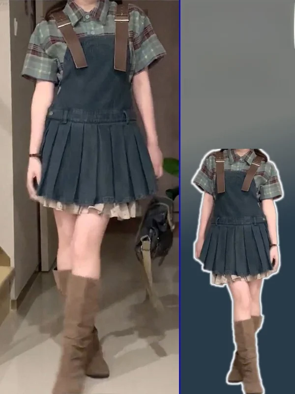 

plus Size Women's Spring Plaid ort Sve irt And Denim Overalls Two Piece Set Vintage Sle Teen Faion Autumn Collection