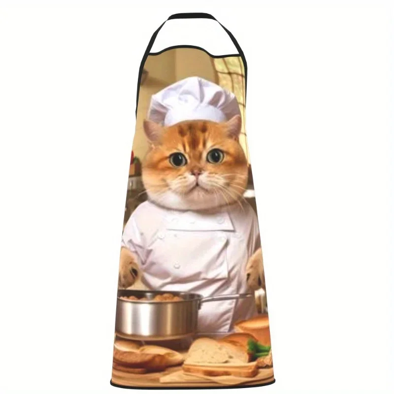 1pc Chef Cat Kitchen Apron - Adjustable, Comfortable Polyester Bib for Cooking, Baking, BBQ & Cleaning - Fun Ginger Cat