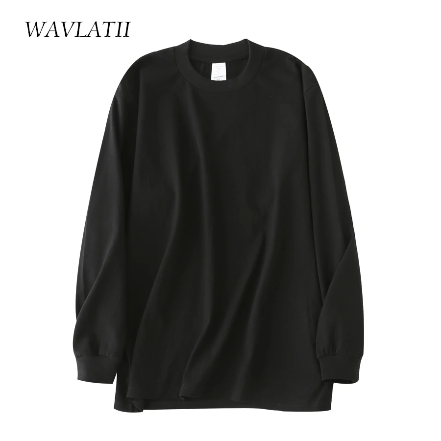 WAVLATII New Women 260GSM Long Sleeve T shirts Female Orange Blue 100% Cotton Casual Thick Tees Tops for Spring Autumn WLT2329