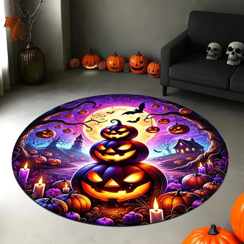Stacked Pumpkin Halloween Round Rug,Candle Bat Full Moon Printed Circular Floor Carpet,Spooky Holiday Indoor Decoration