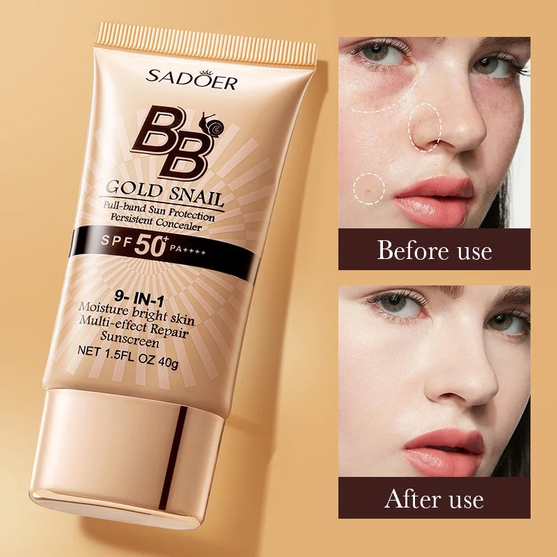 SADOER Gold Snail Sonnenschutz BB Cream Foundation Concealer Feuchtigkeitsspendende Isolationscreme SPF50+PA+++ 40g