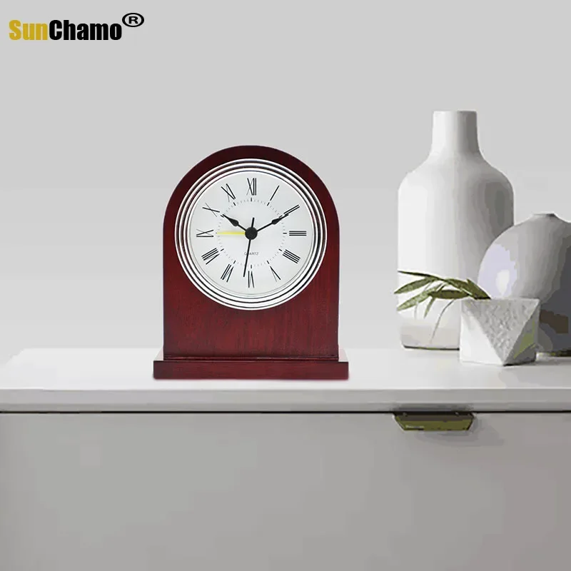 Luxury Hotel Gold Frame Red Wood Alarm Clock Roman Numerals Silent Snooze Aluminum Dial Desktop Table Clocks Bedroom Decoration