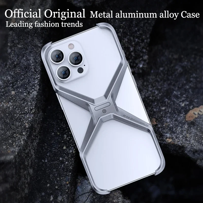 

Luxury metallic aluminum frameless case for iPhone 15 14 Pro Max removable X-type heat dissipating armored shock cover