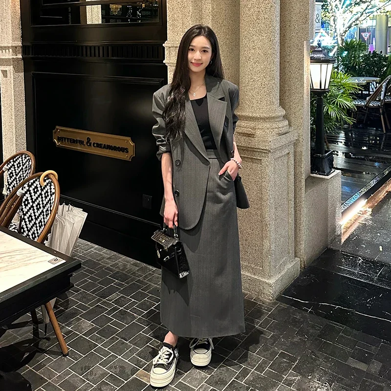 Spring and Autumn New Loose Casual High-end Suit Women Clothing Commuter Suit Blazer Split Long Skirt Set Gray Two Piece Set