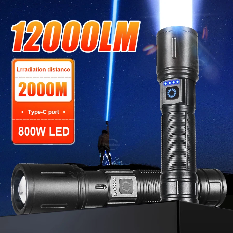 800W LED High Power Flashlight Outdoor Rechargeable Flashlight 26650 Battery Telescopic Zoom Torch Outdoor Waterproof Lantern