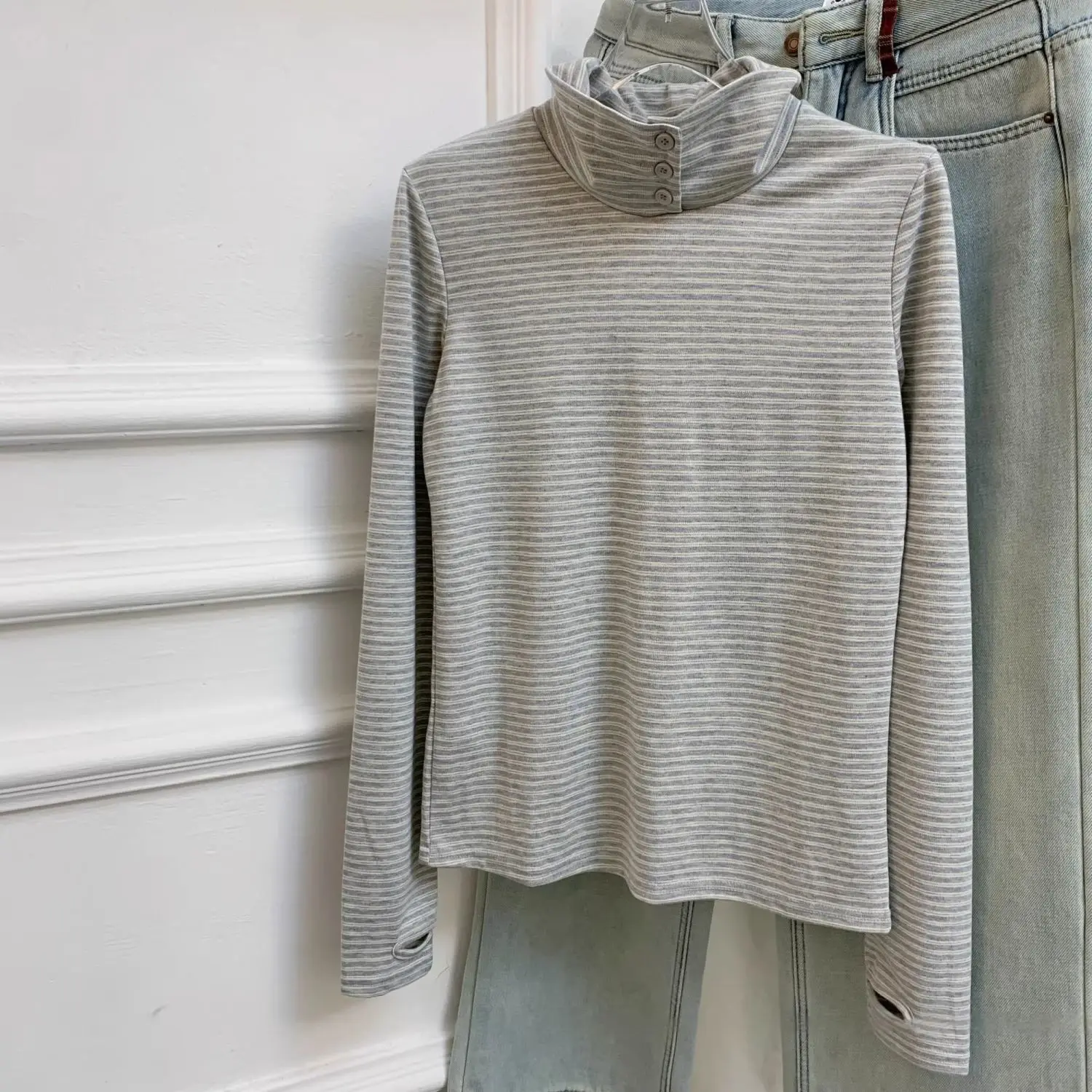 

Retro Striped Stand Collar Long Sve T-irt Women's Base irt Layering Slim Fit Button up Casual Cotton Polyester