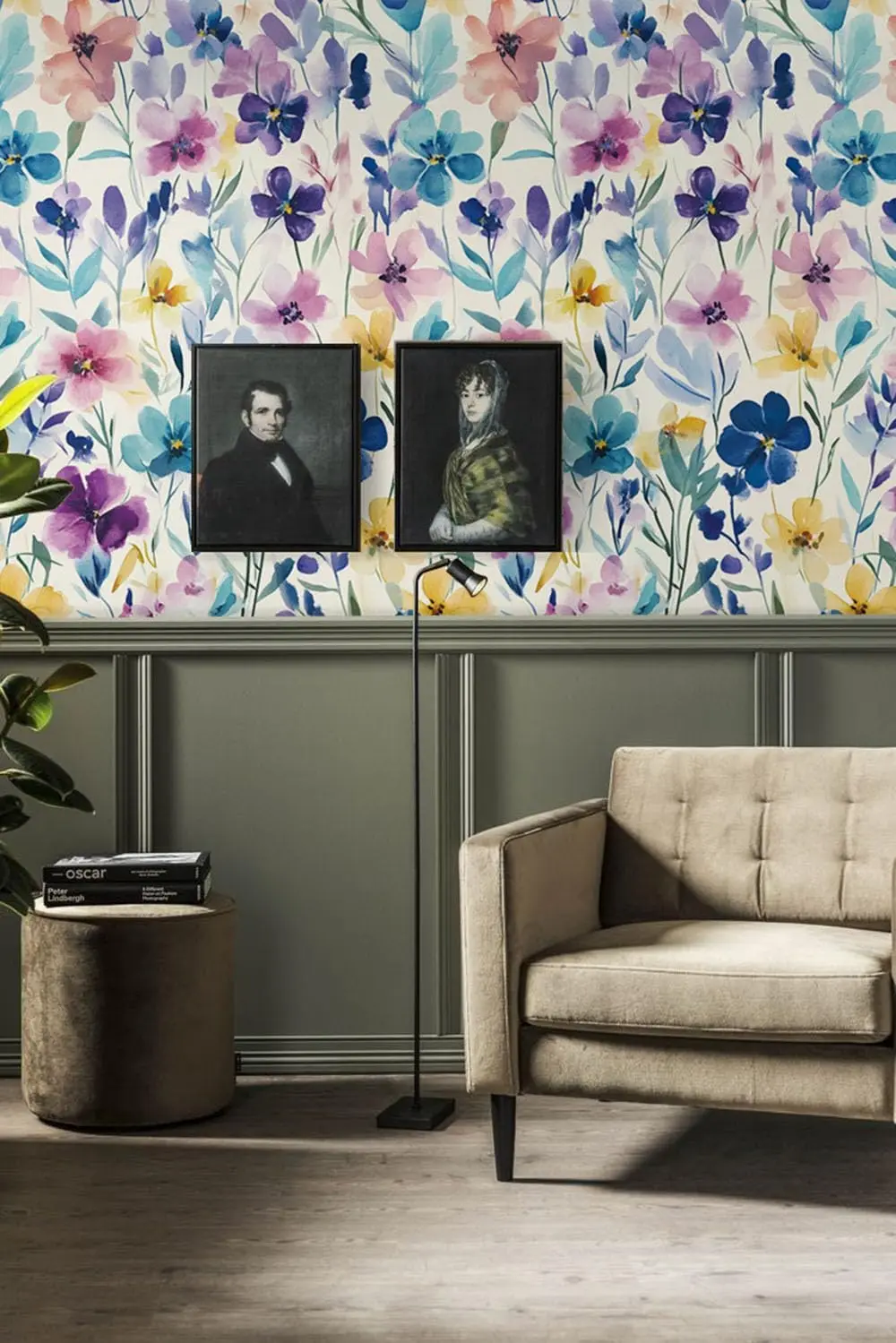 ورق جدران ملون بألوان مائية قابل للتقشير واللصق على شكل زهرة أرجوانية/زرقاء ورق اتصال ذاتي اللصق قابل للإزالة للديكور