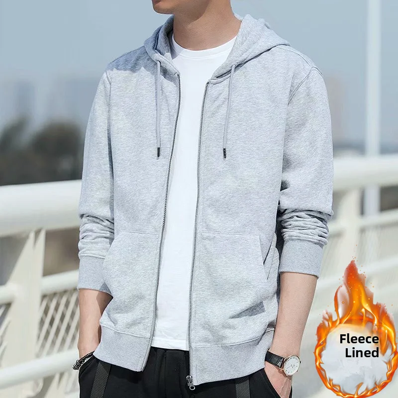 Men's Fleece Lined Hooded Open Cardigan Casual Outerwear Loose Fit Zipper Large Size Sweatshirt Autumn Winter Streetwear