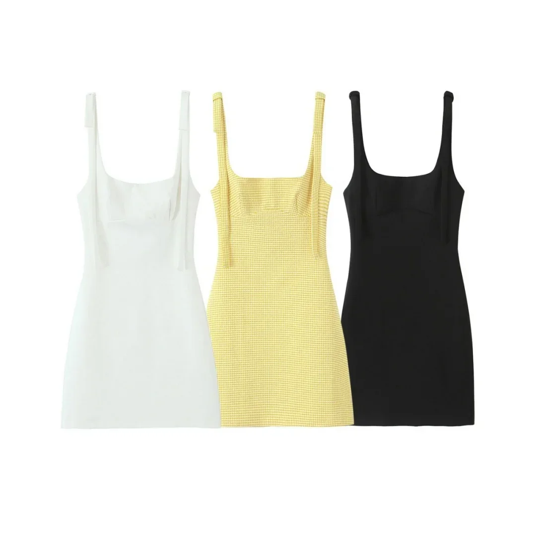 

Summer New Dress Women Fashion Plaid Solid Fold Backless Sling Sleeveless Mini Dresses Chic Female French Evening