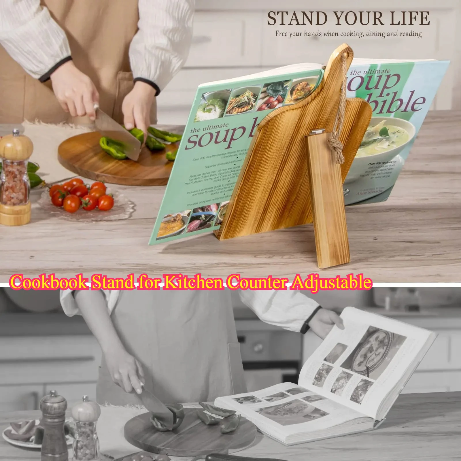 Cookbook Stand for Kitchen Counter Adjustable - iPad Tablet Recipe Book Holder Rustic Wood Style