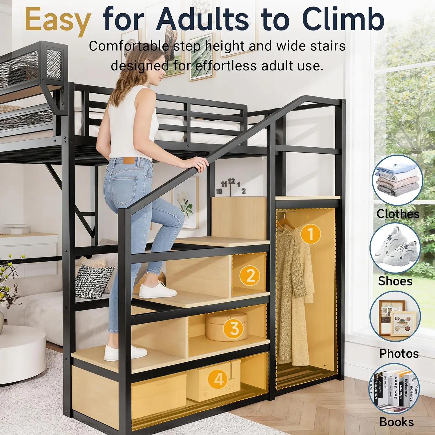 クイーンサイズロフトベッド（階段と収納付き）、メタルロフトベ - Canopy Bed Frame Metal Queen のレビューと価格