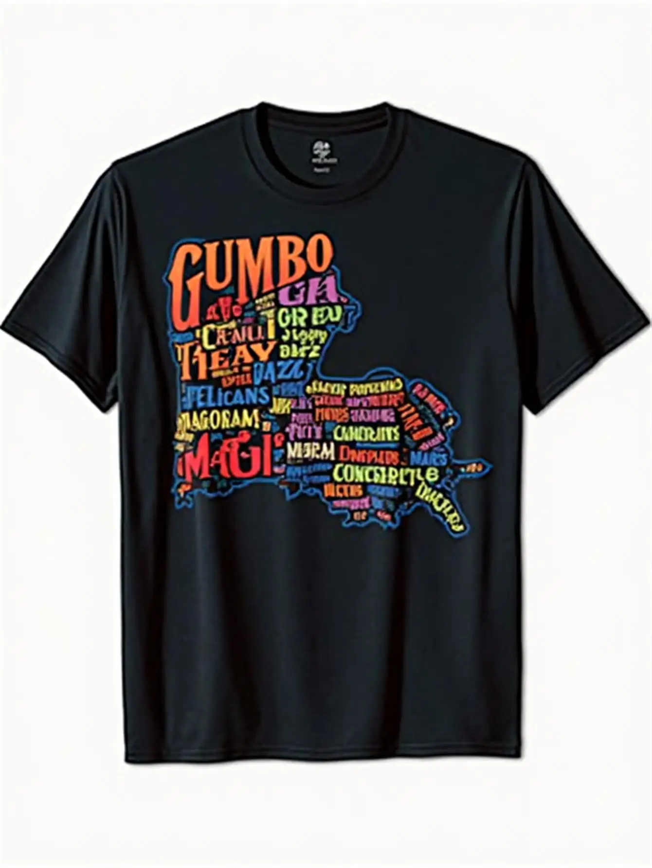 

Men's Louisiana Map T-Shirt 100% Cotton Creole Culture Design Featuring Gumbo, Cajun Mardi Gras, Jazz, Pelicans and Iris Symbols Vibrant New Orleans French Quarter Style Print
