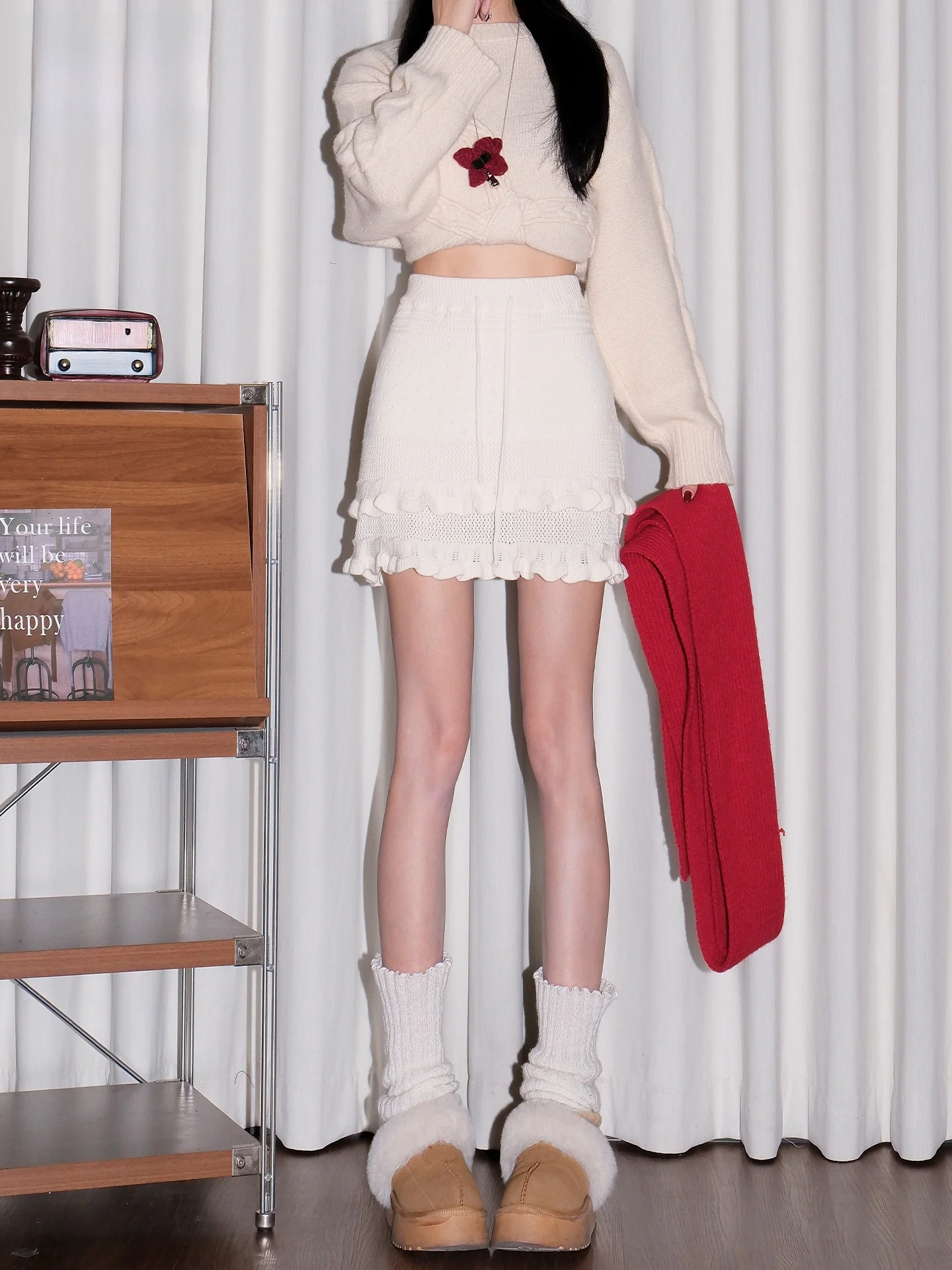 

Белая вязаная юбка А-силуэта женская, с высокой талией, укороченная, с деревянным узором, повседневный стиль, на подкладке, для ежедневной носки