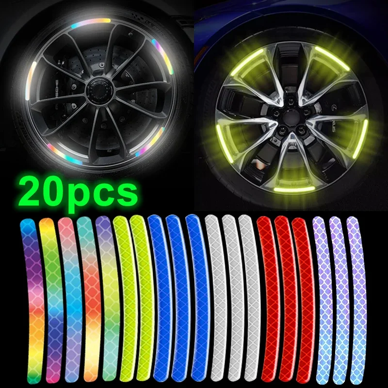 20PC 3D Car Wheel Hub Reflective Sticker Rainbow Fluorescence Luminous Stripe Tape Car Motorcycle Decals Night Driving Safety