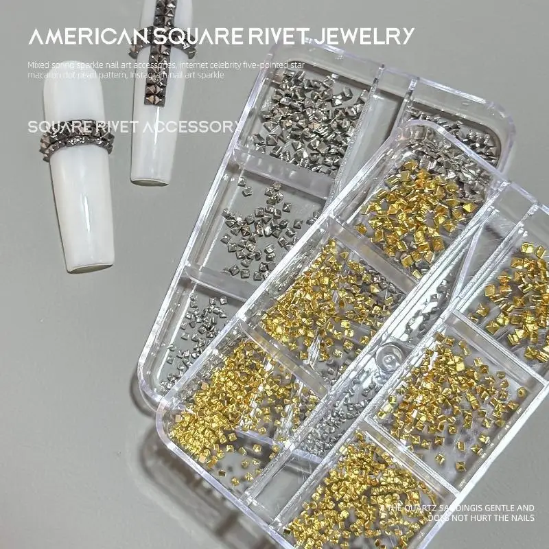6 Grids Gold Silver Dark Grey 3 Color Square Pyramid Nail Rivets 3D Metal Spike Studs Gothic Punk Nail Art Accessories For DIY