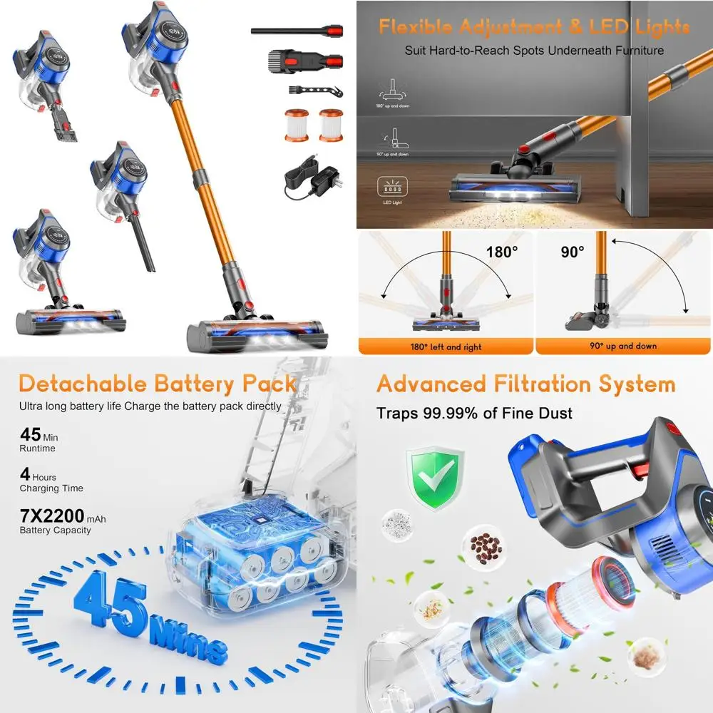 

45Kpa Cordless Vacuum, 45 Mins Runtime, Display, Anti-Tangle, Wall Mount, 8-in-1 Lightweight for Floors & Pet Hair, Y501