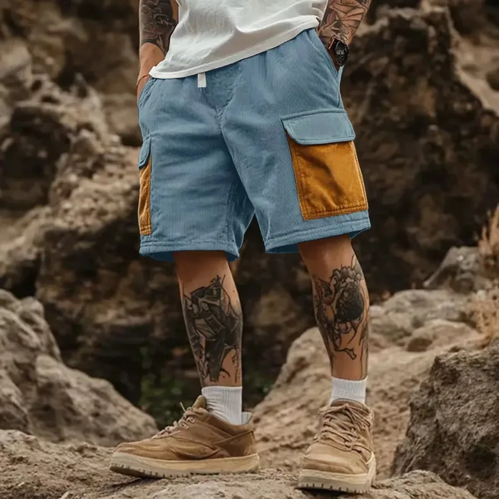 Summer Men's Corduroy Shorts Men's Beach Loose Work Pants Patchwork Pocket Cargo Shorts Casual High Street Men Sweatpants