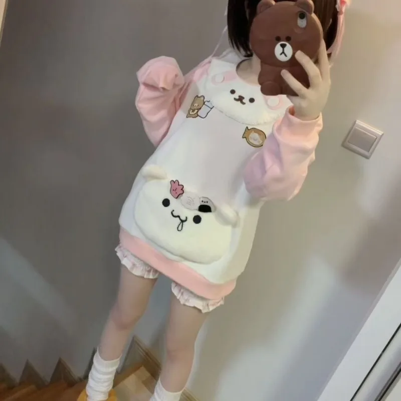 

Kimotimo Japanese Cute Pink Hoodies Women Cartoon Embroidery Pocket Loose Long Sleeve Sweatshirt Harajuku Kawaii Casual Y2k Tops