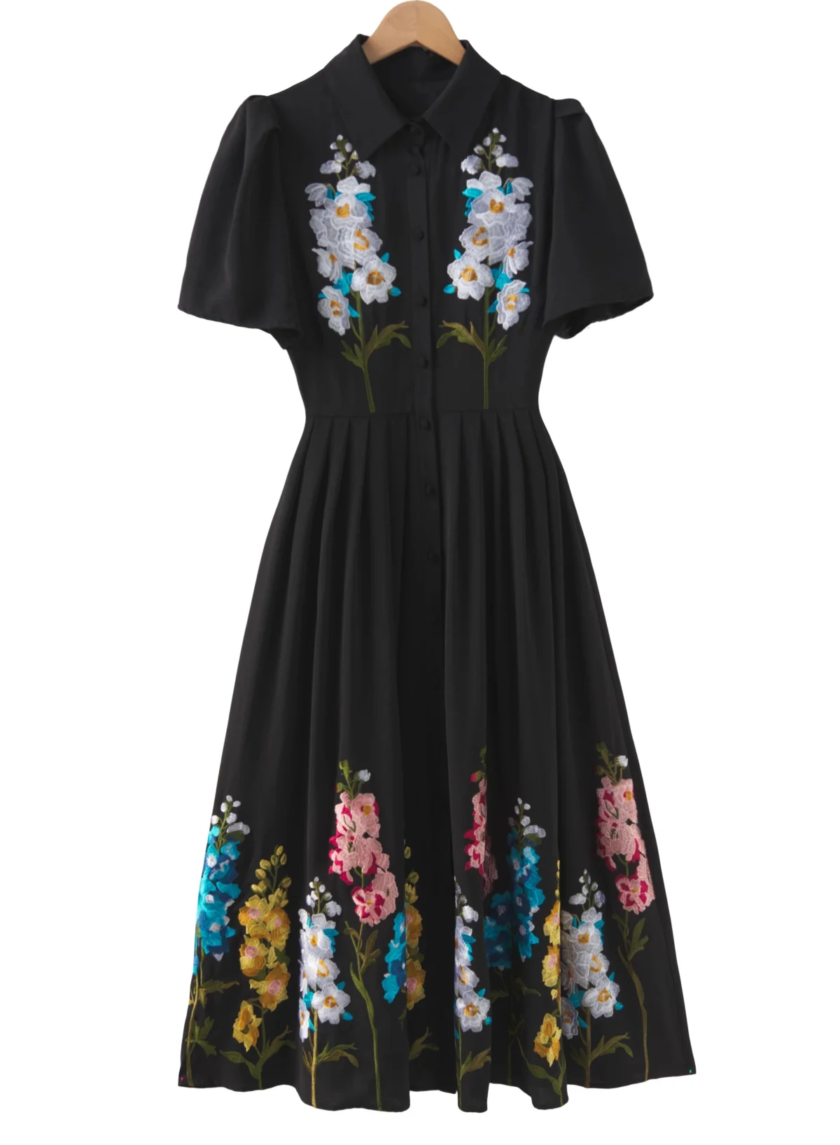 

New Arrival Summer Dress 2026 Fashion Style Women Turn-down Collar Colorful Floral Embroidery Short Sleeve Mid-Calf Black Dress