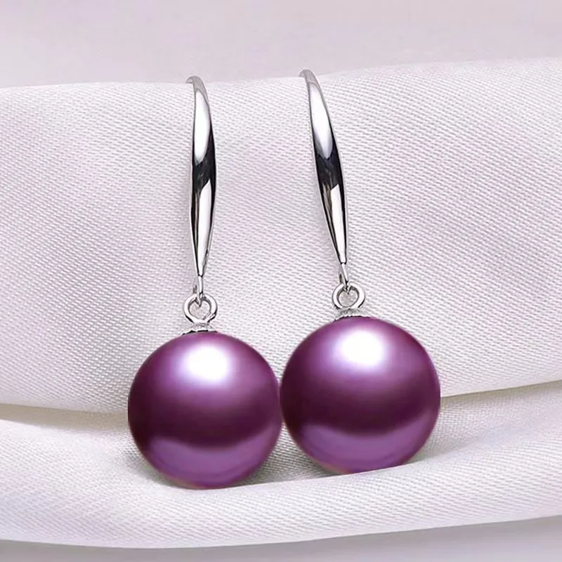 Pair 11-13mm Purple Lavender Perfect Round Pearl Dangle Earrings Women Simple Wedding Party Jewelry Accessories Stud Hook 866AAA