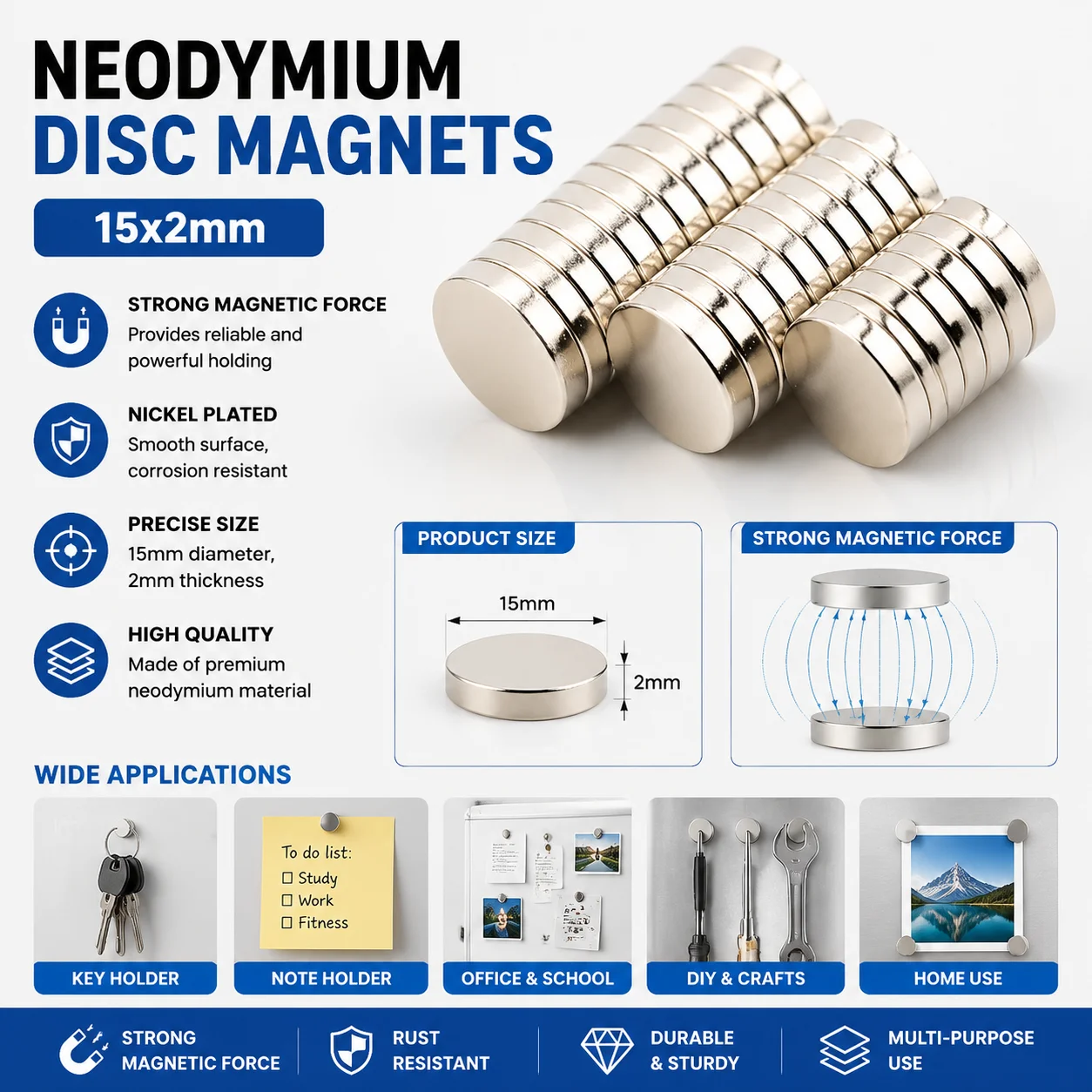 Bulk Pack 10/20/50pcs 15x2mm round Disc Magnets 15mm X 2mm for DIY Crafts Industrial Use Strong Neodymium Disc Magnet