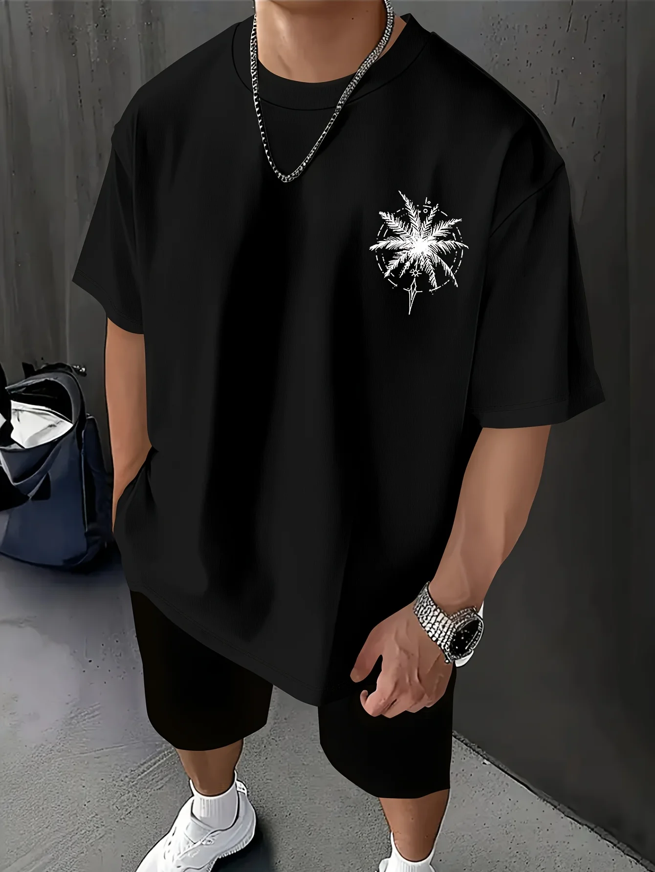 Böhmisches Tribal-T-Shirt mit Palmen-Grafik und vertikalen Linienkunst-Symbolen, 100% Baumwolle, Herren-T-Shirt, Sommer-Freizeitkleidung für den Strand – Detail 4