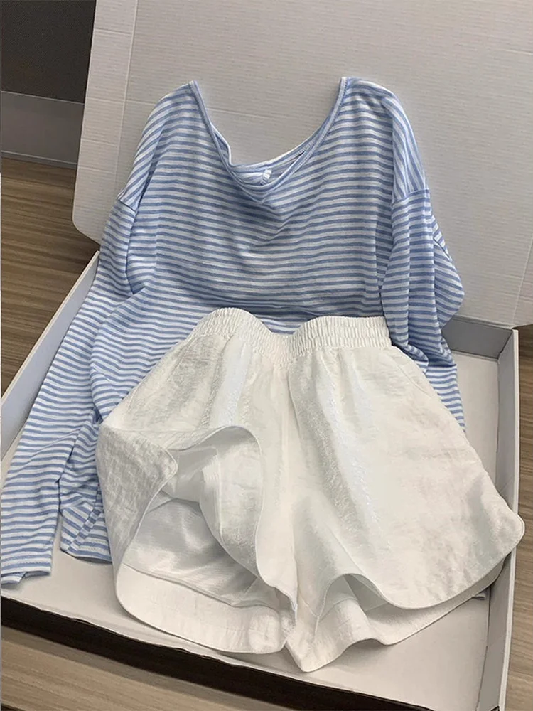 韓国スタイルの薄いストライプ長袖女性の夏の新しい日焼け止めカバーアップショーツホーム服カジュアルセットプラスサイズ