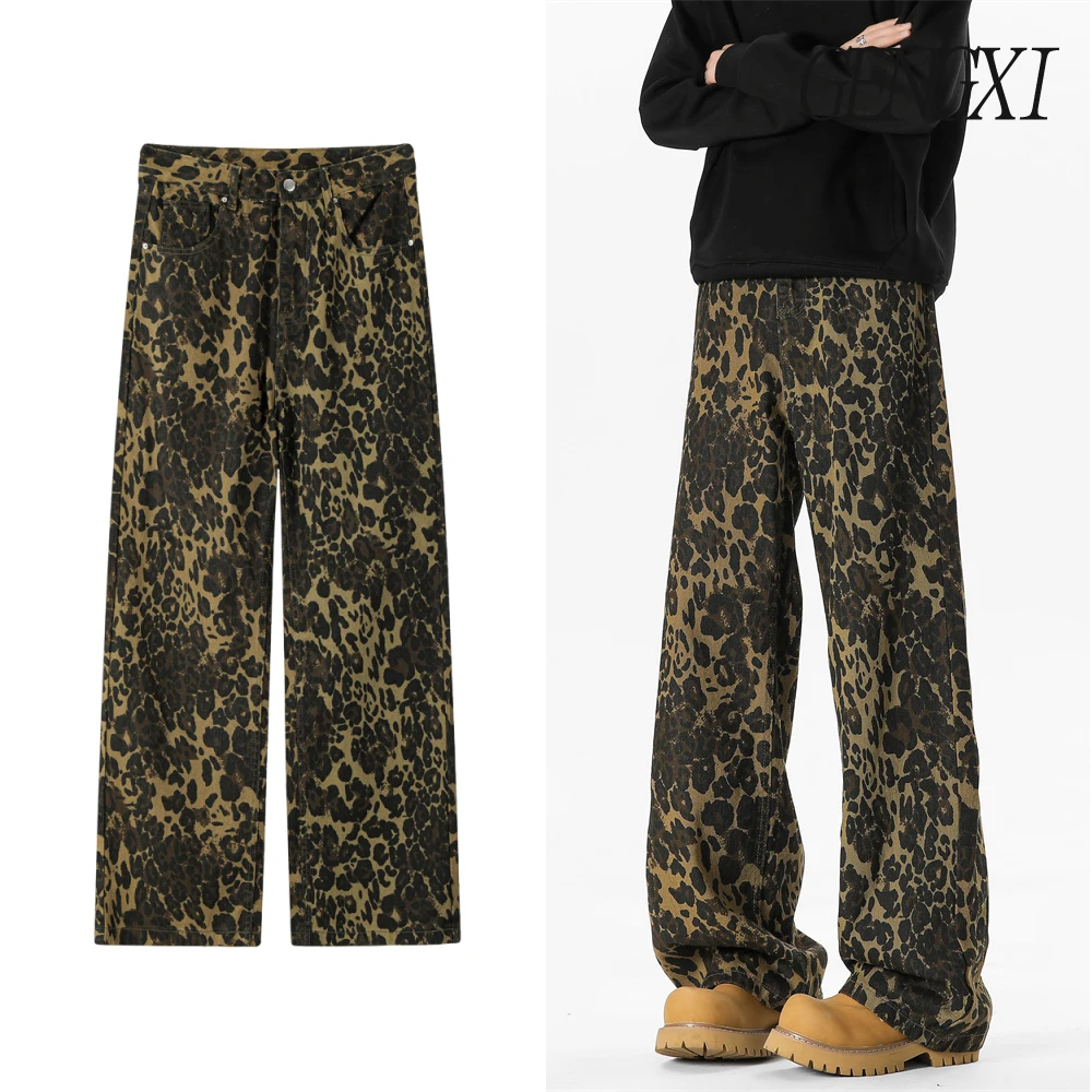 

Autumn new men's leopard print jeans high street fashion American retro wide-legged trousers hip-hop straight drag trousers