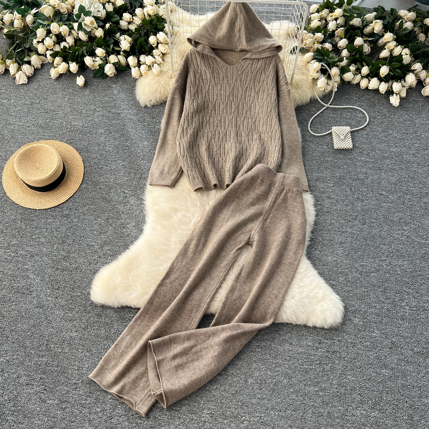 REALEFT Autumn Winter 2 Pieces Women\'s Sets Outfit Knitted Tracksuit Loose Hooded Sweater and Straight Jogging Pant Suit 2024