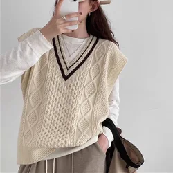 Vintage V-neck Knitted Cashmere Vest  for Women 2023 Autumn New College Style Twists Sweater Waistcoat Sleeveless  Pullover Tops