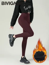 BIVIGAOS Donna Autunno Inverno Nuovo Pile Addensare Cotone Leggings Caldi Rosso Elasticità a Vita Alta Sottile Stretto Leggings Casual