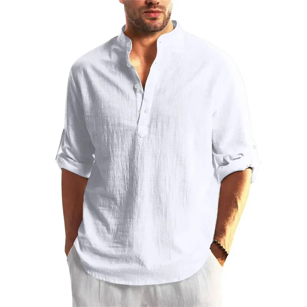 Herbst Neue männer Baumwolle Leinen Langarm T-shirt Einfarbig Henley Kragen Leichte Atmungsaktive männer Casual Taste Top