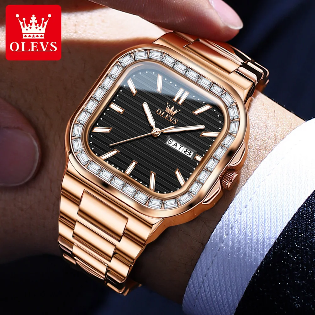 OLEVS นาฬิกาควอทซ์สแตนเลสสำหรับผู้ชาย, นาฬิกาข้อมือติดตักเพชร Nautilus ปฏิทินคู่กันน้ำเรืองแสง