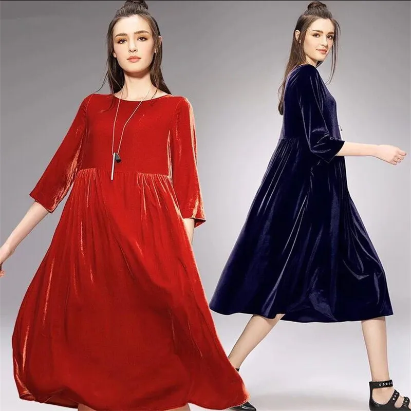 Mùa Đông Nhung Đầm Vintage Chữ A Chắc Chắn Tay Lửng Túi Áo Mùa Xuân ĐẦM DỰ TIỆC Velour Áo