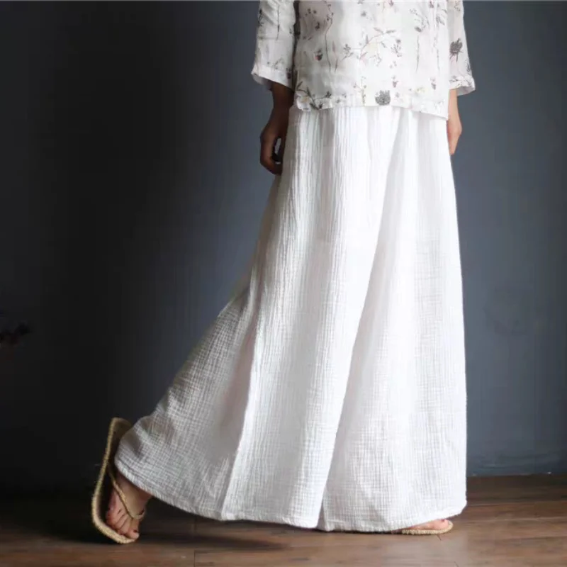 

Chinese Style Wide Leg Pants Spring Summer Women Vintage Double Cotton Pant Solid Color Casual Loose Commuting Trouster M-7XL