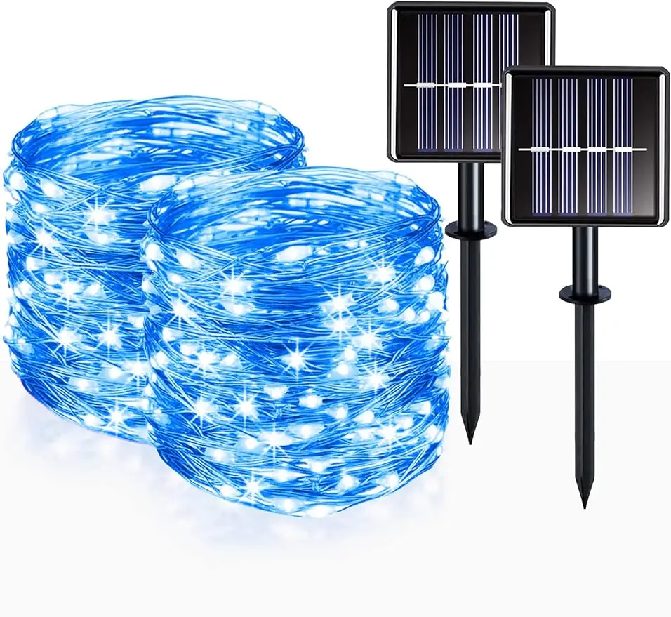 

2 Pack 33ft Solar Fairy String Lights Small, 100 Led Blue Solar Fairy Lights Outdoor, Solar Christmas Lights Copper Wire