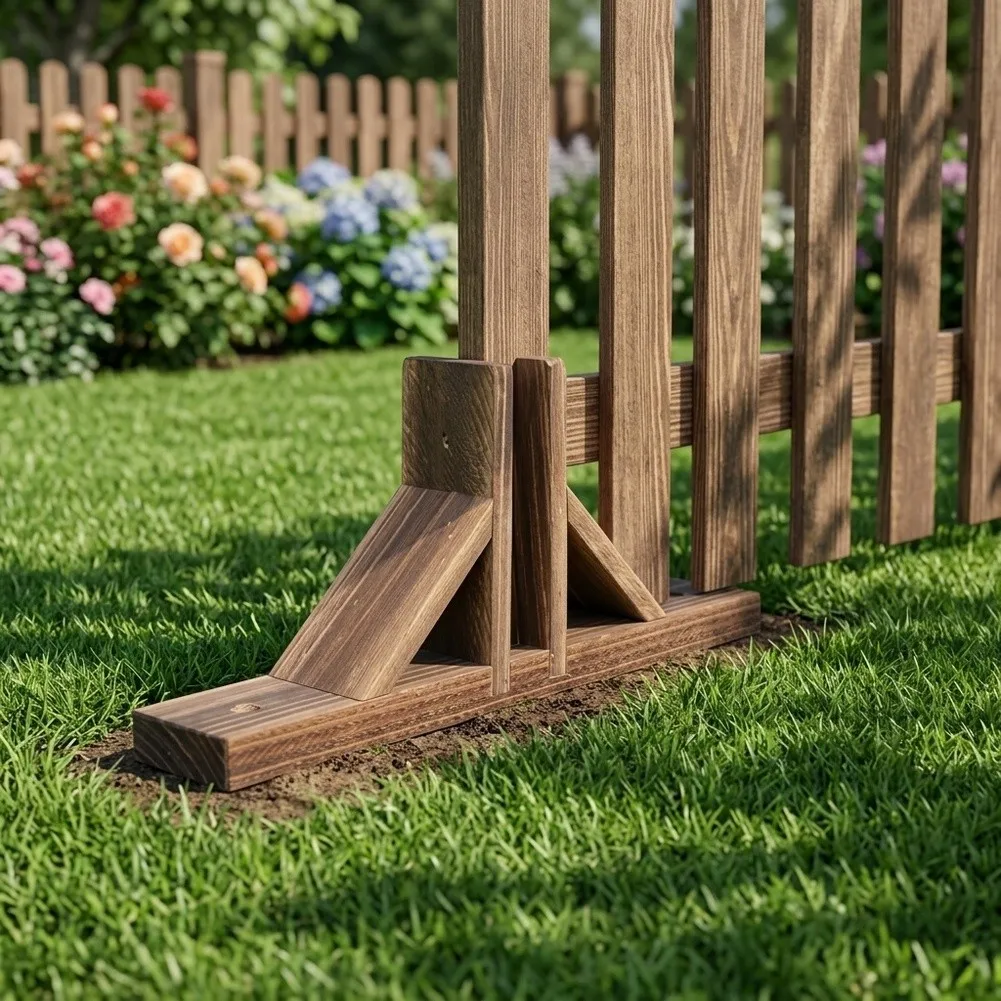 Wood Fence Base for Installing and Maintaining Fence Alignment on Soil Grass or Paved Areas Without Compromising Stability