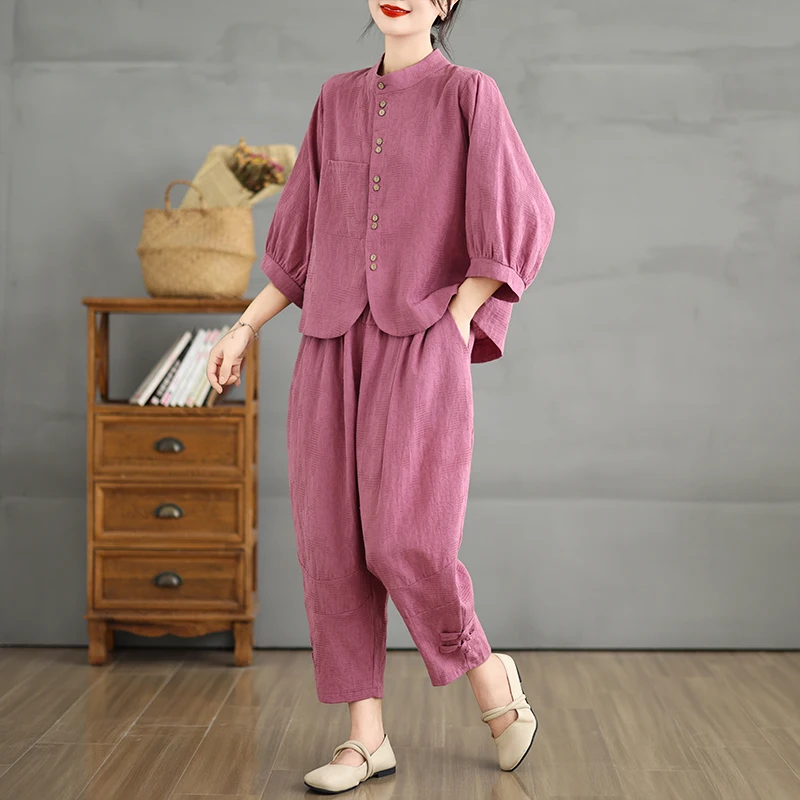 

Artistic Chinese Sle Linen Women's Summer Outfit Two-Piece Set Faionable Large Size Clothing Mommy's Wardrobe ential