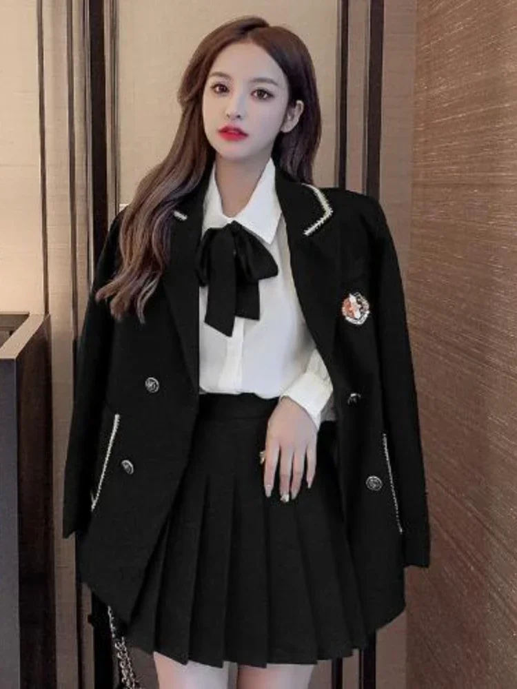 Insozkdg College Style Suit Three-pieces Set Bow Tie Shirt + Blazer  Pleated Skirt Uniform Female White  Women  Sets