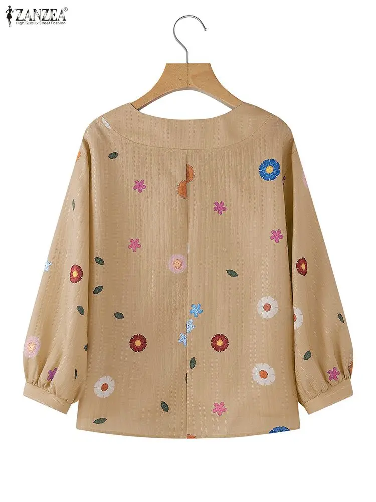 ZANZEA 2025 Fashion Women's Blouse Vintage Floral Print Shirts3/4 Sleeve V-Neck Casual Tops Autumn Famale Loose Clothing Blusas